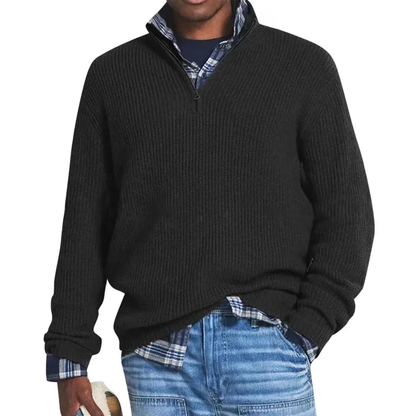 Men's ribbed quarter-zip mock neck sweater with long sleeves