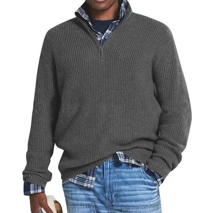 Men's ribbed quarter-zip mock neck sweater with long sleeves
