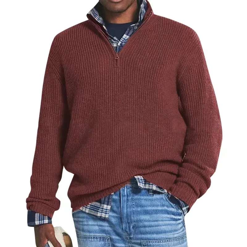 Men's ribbed quarter-zip mock neck sweater with long sleeves