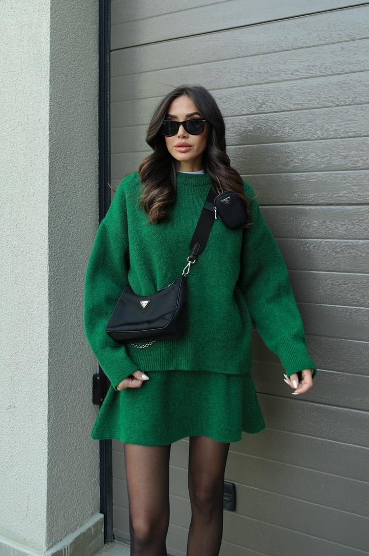 Women's long-sleeve knit sweater and short skirt set