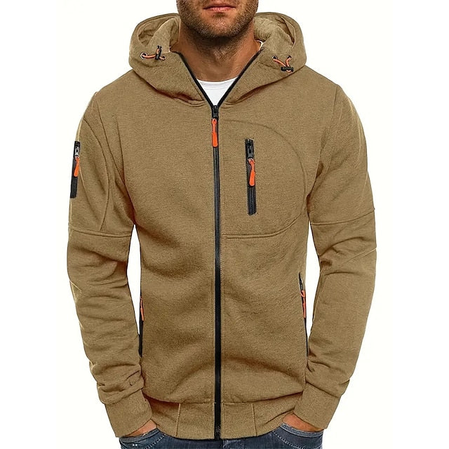 Men's hooded zip-up jacket with chest and side zip pockets