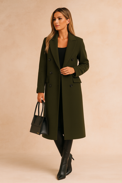 Women's double-breasted long coat with lapels and flap pockets