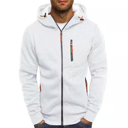 Men's hooded zip hoodie with long sleeves and multiple zipper pockets