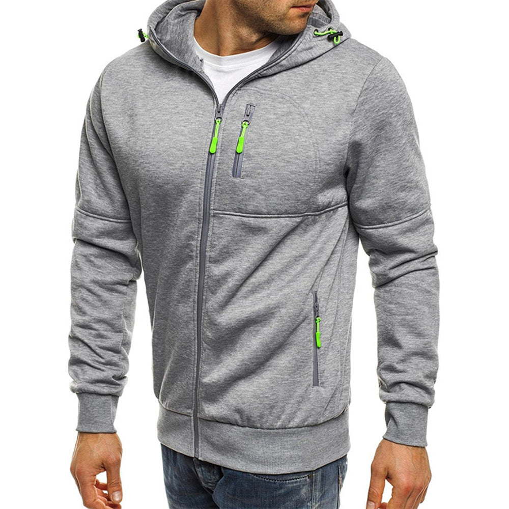 Men's hooded zip hoodie with long sleeves and multiple zipper pockets