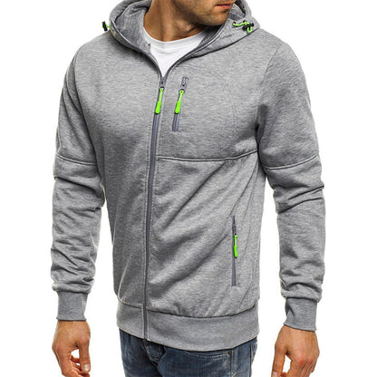 Men's hooded zip hoodie with long sleeves and multiple zipper pockets