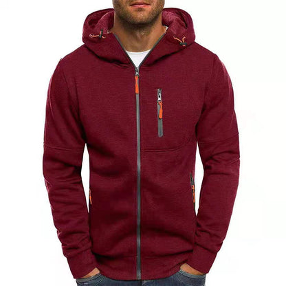 Men's hooded zip hoodie with long sleeves and multiple zipper pockets