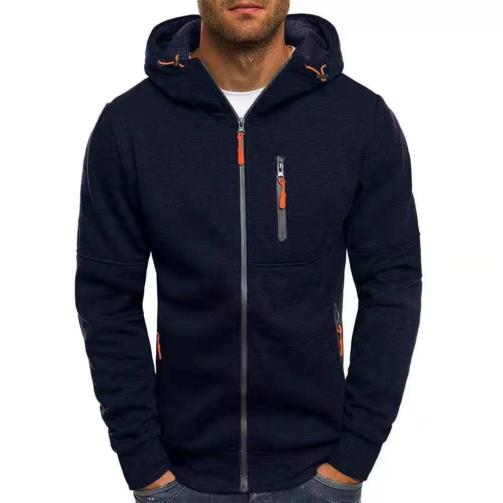 Men's hooded zip hoodie with long sleeves and multiple zipper pockets